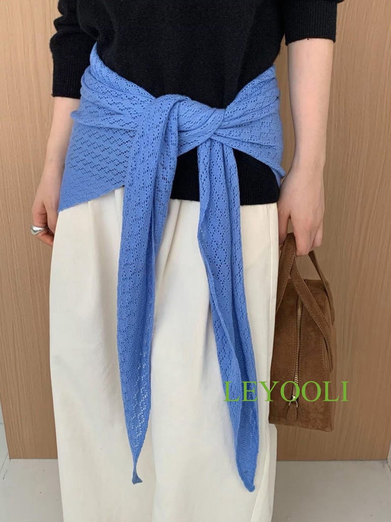 Blue Knit Lace Triangle Scarf, Handmade Shawl, Elegant Wrap