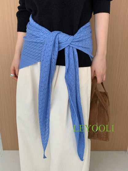 Blue Knit Lace Triangle Scarf, Handmade Shawl, Elegant Wrap