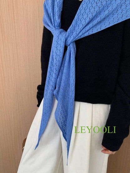 Blue Knit Lace Triangle Scarf, Handmade Shawl, Elegant Wrap