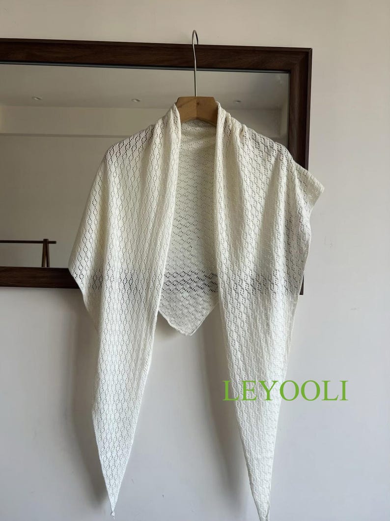 Handmade Cream White Knit Lace Scarf, Elegant Triangle Shawl