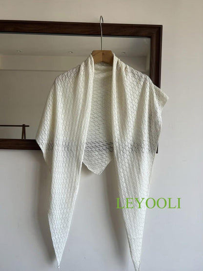Handmade Cream White Knit Lace Scarf, Elegant Triangle Shawl
