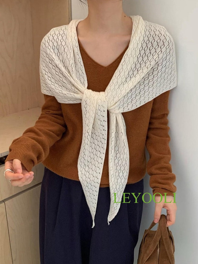 Handmade Cream White Knit Lace Scarf, Elegant Triangle Shawl