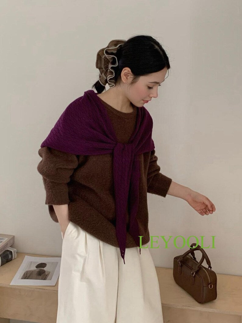 Handmade Plum Knit Triangle Scarf, Lace Shawl, Lightweight Wrap