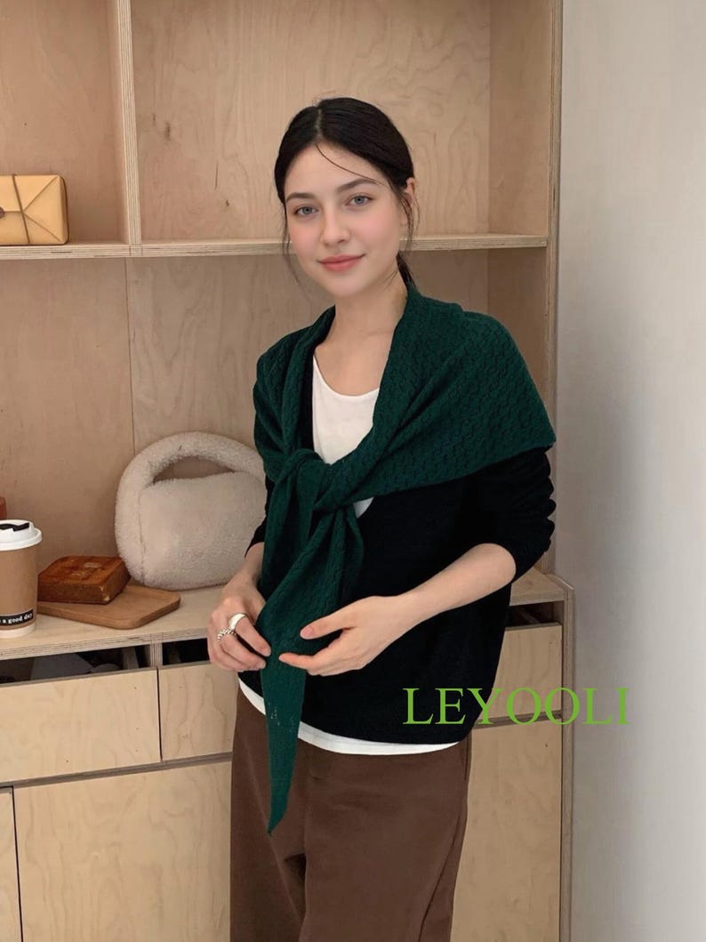 Handmade Dark Green Knit Triangle Scarf, Lace Shawl Wrap