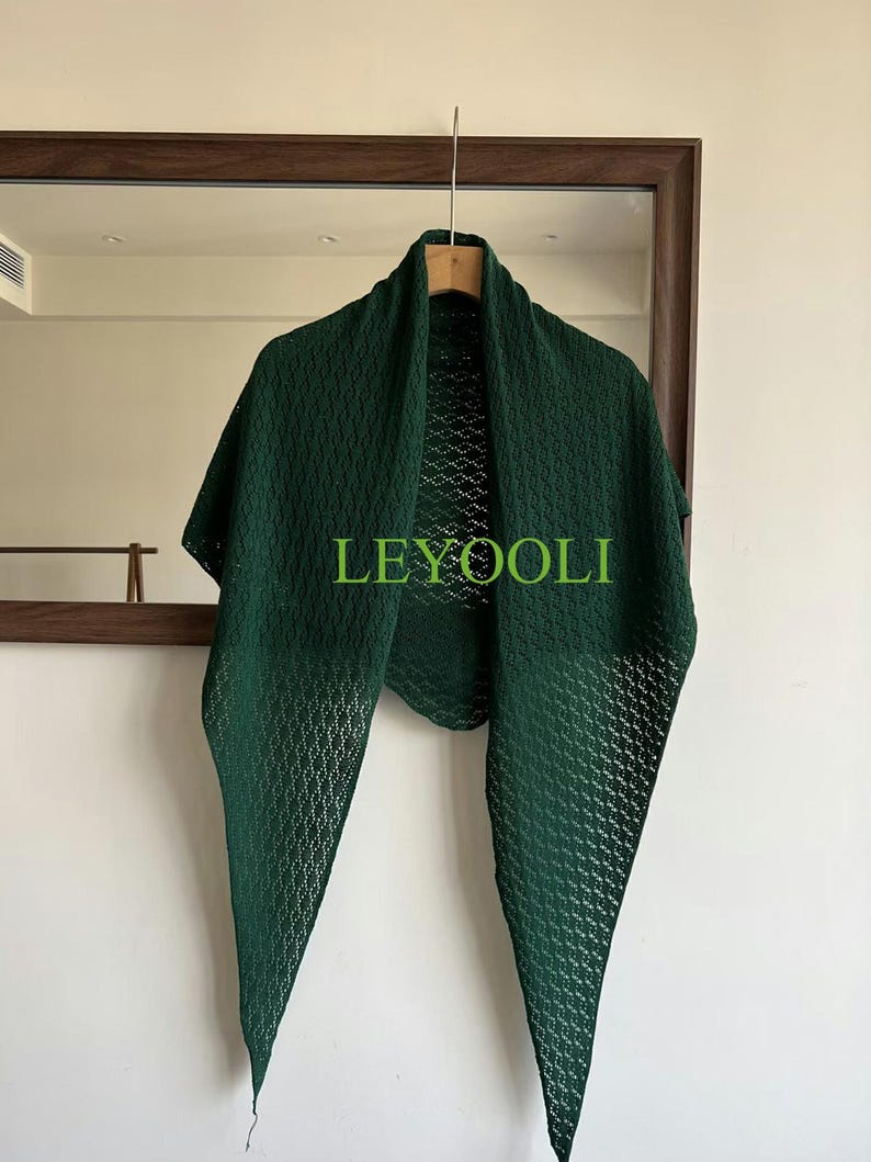Handmade Dark Green Knit Triangle Scarf, Lace Shawl Wrap