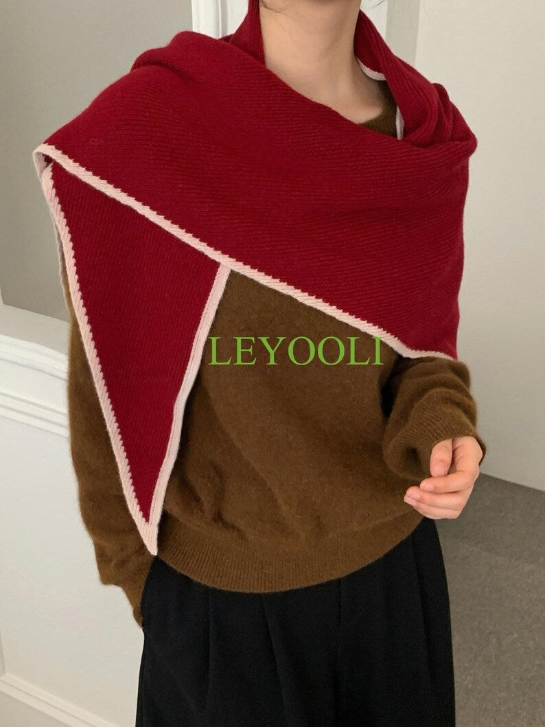 Handmade 100% Wool Ruby Red Shawl Wrap | Festive Winter Triangular Scarf | Soft Cozy Wrap | Holiday Gift for Her